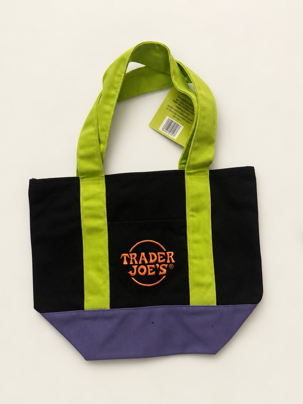 Trader Joe's Black Tote with Lime Handles and Purple Base